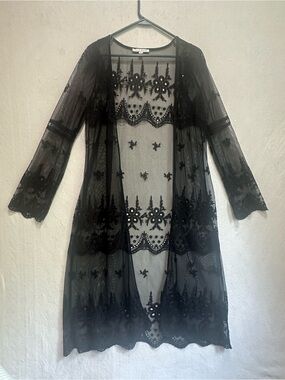Haute Monde Sheer Lace Black Intricate Floral Embroidered Duster Cover-Up Kimono